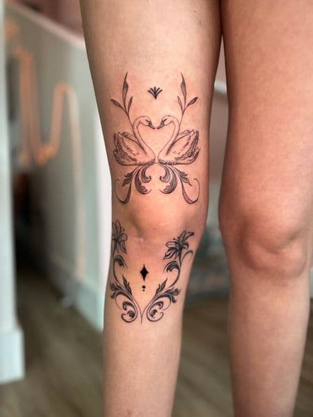 Fine Line + Black & Grey swans tattoo on Knee by cozinks on TattMe