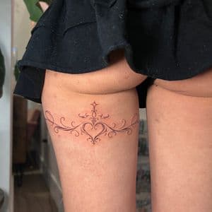 Fine Line + Minimalist heart tattoo on Thigh by cozinks on TattMe