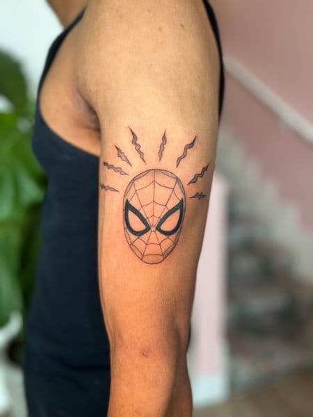 Pop Culture + Black-work spiderman tattoo on Upper Arm by cozinks on TattMe