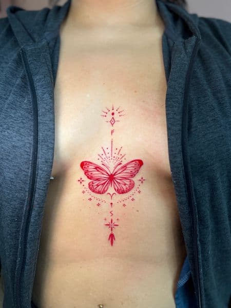 Fine Line + Color butterfly tattoo on Sternum by cozinks on TattMe