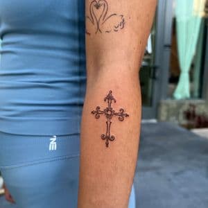 Black & Grey + Fine Line cross tattoo on Forearm by cozinks on TattMe