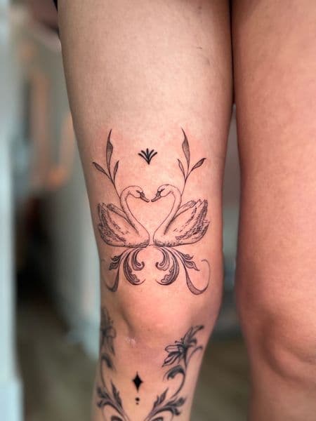 Fine Line + Black-work swans tattoo on Thigh by cozinks on TattMe