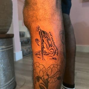 Line-work + Black-work figure tattoo on Calf by cozinks on TattMe