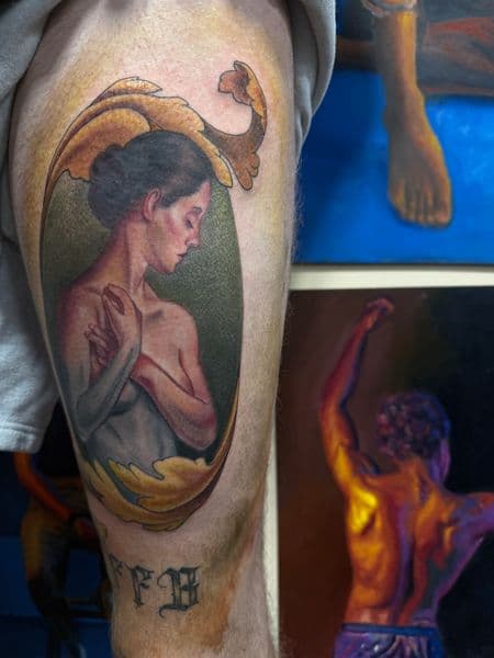Realism + Illustrative woman tattoo on Thigh by Eric_Robinson on TattMe