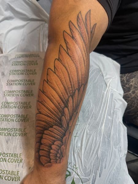 Black & Grey + Dot-work wing tattoo on Forearm by Eric_Robinson on TattMe