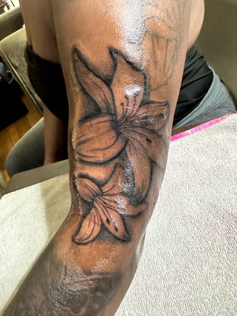 Black & Grey + Floral flowers tattoo on Calf by RoxkTouch on TattMe