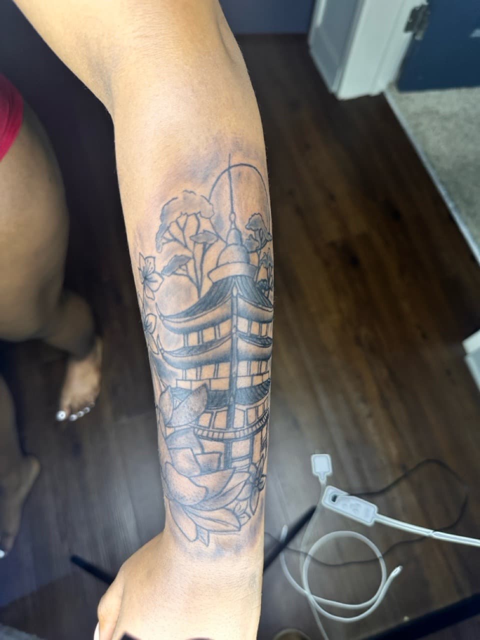 Japanese + Black & Grey pagoda tattoo on Forearm by RoxkTouch on TattMe