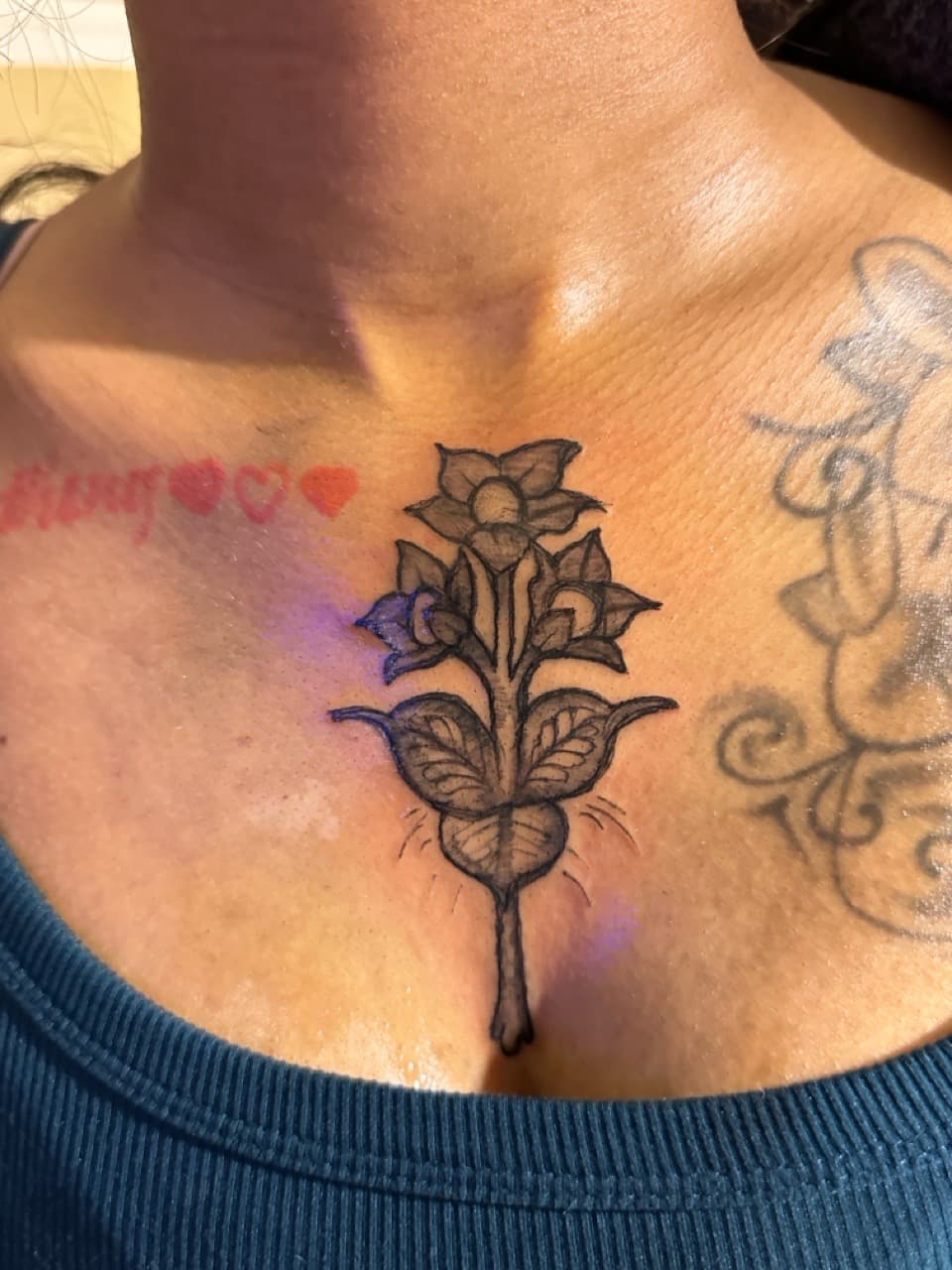 Floral + Black-work flowers tattoo on Sternum by RoxkTouch on TattMe