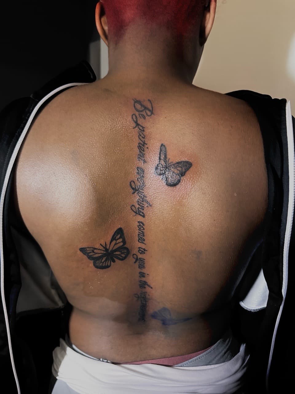 Lettering + Script butterflies tattoo on Spine by RoxkTouch on TattMe