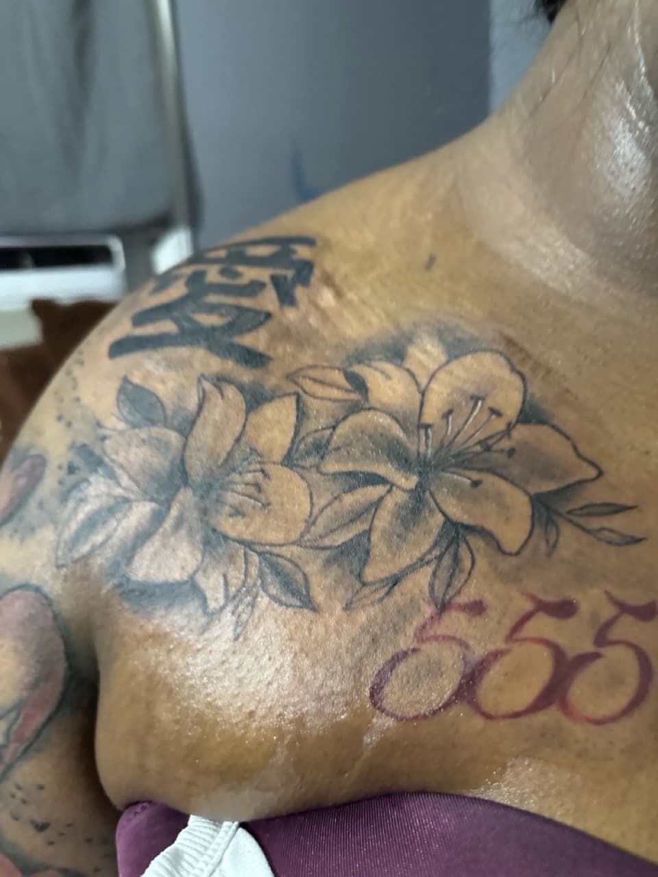 Floral + Black & Grey flowers tattoo on Shoulder by RoxkTouch on TattMe