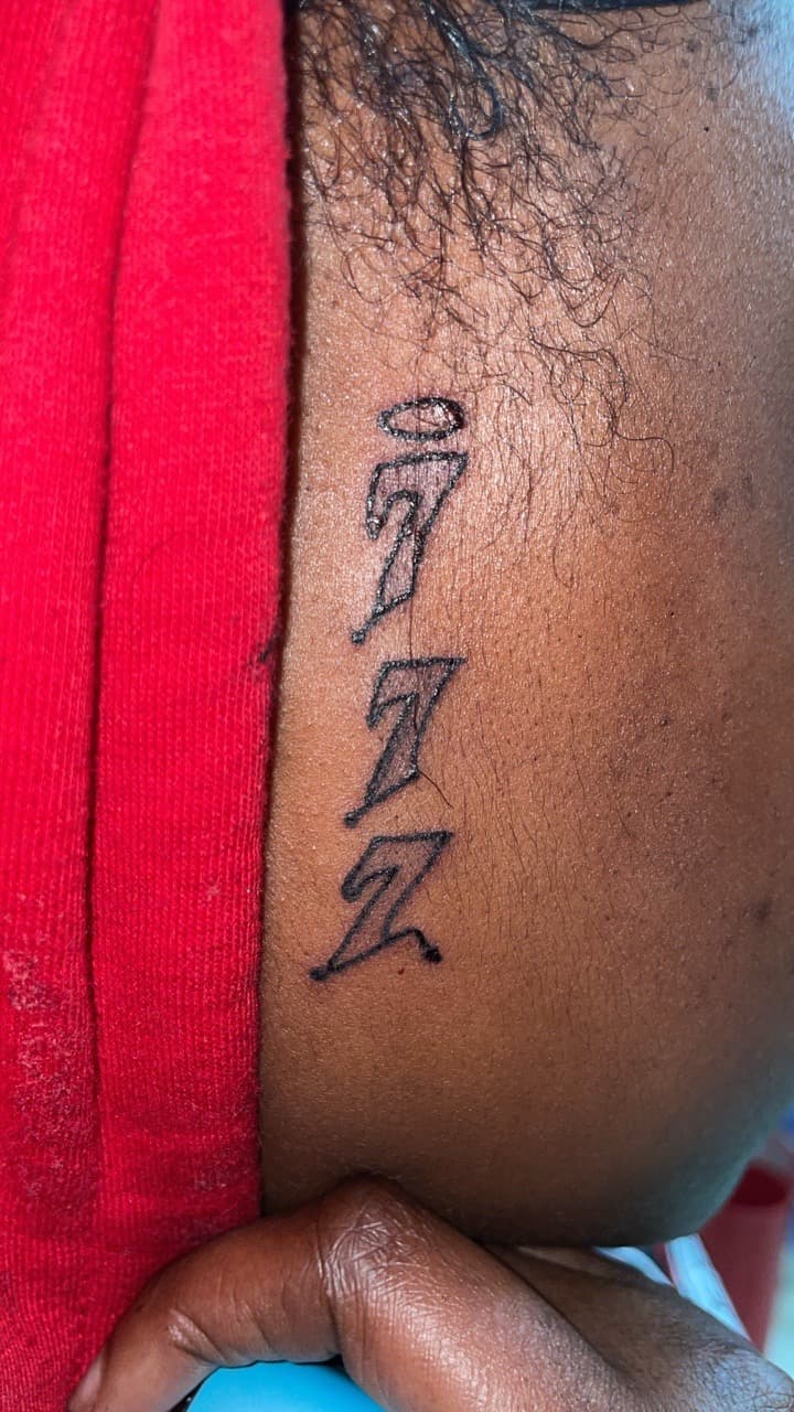 Lettering + Black-work numbers tattoo on Neck (Side) by Syd_tattoos on TattMe