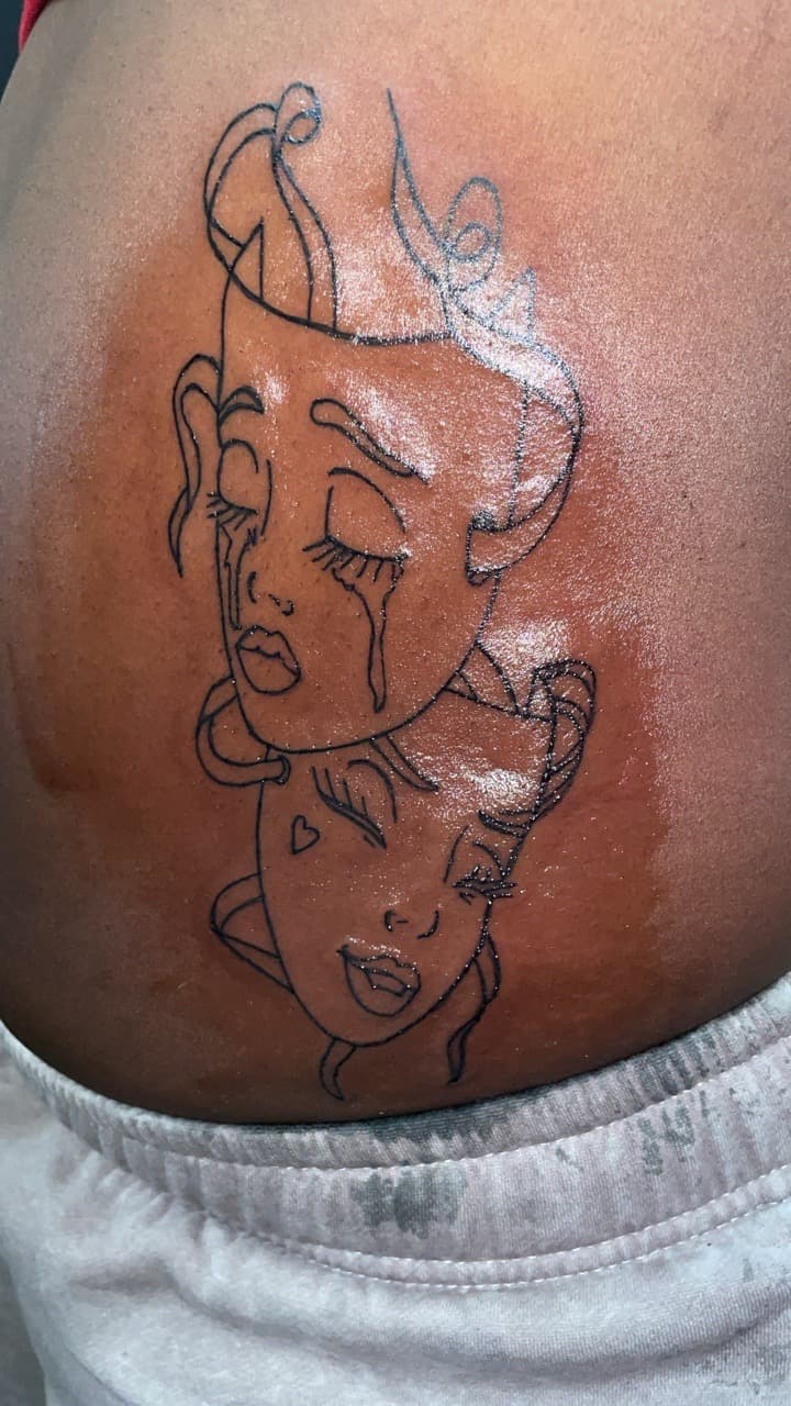 Line-work + Cartoon faces tattoo on Lower Back by Syd_tattoos on TattMe