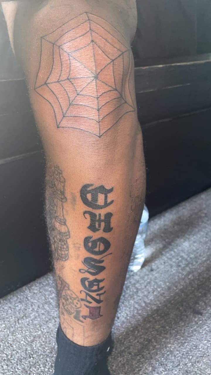 Line-work + Lettering spiderweb tattoo on Knee by Syd_tattoos on TattMe