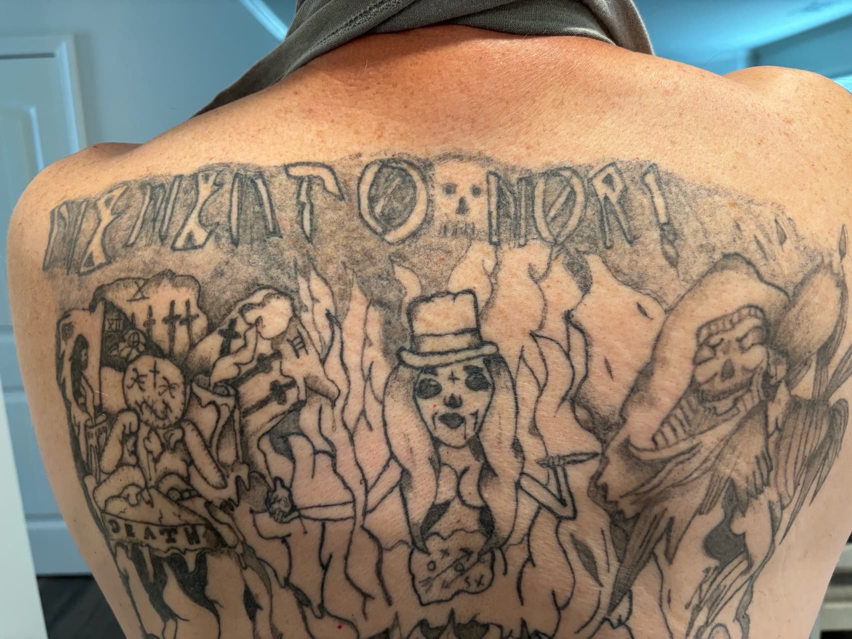 Black & Grey + Illustrative skeletons tattoo on Upper Back by Cuban_Connection_Tattoo on TattMe