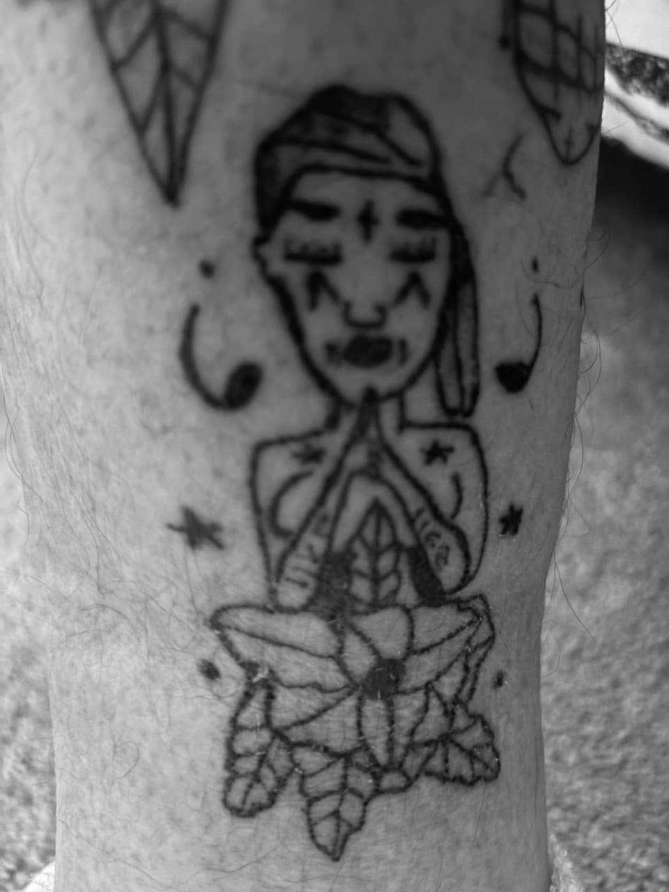 Black-work + Line-work person tattoo on Calf by Cuban_Connection_Tattoo on TattMe