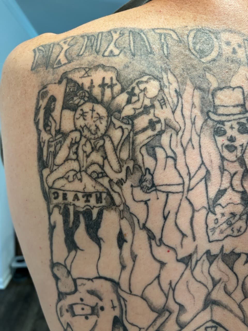 Black & Grey + Black-work voodoo doll tattoo on Shoulder Blade by Cuban_Connection_Tattoo on TattMe