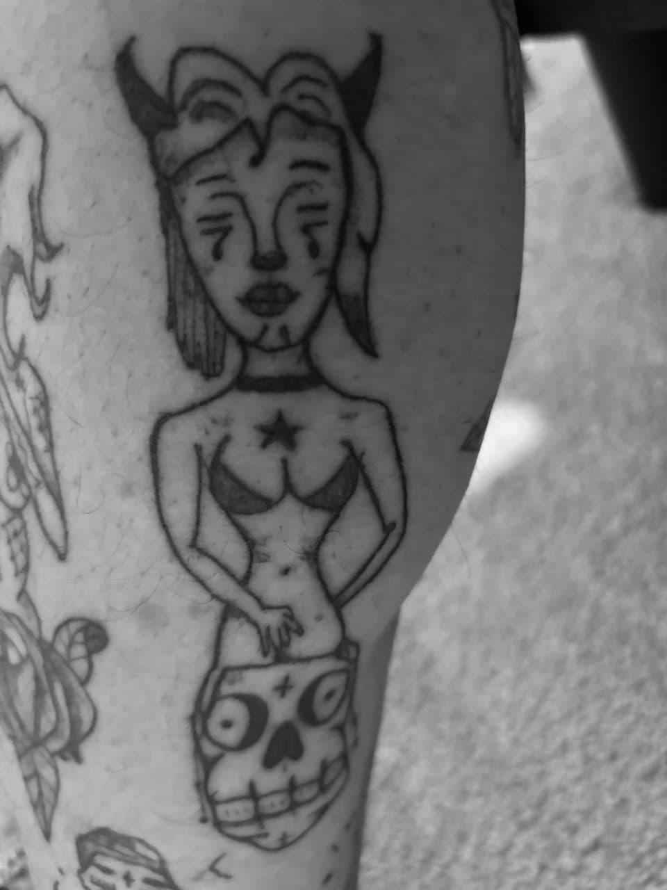 American Traditional + Black-work devil woman tattoo on Thigh by Cuban_Connection_Tattoo on TattMe