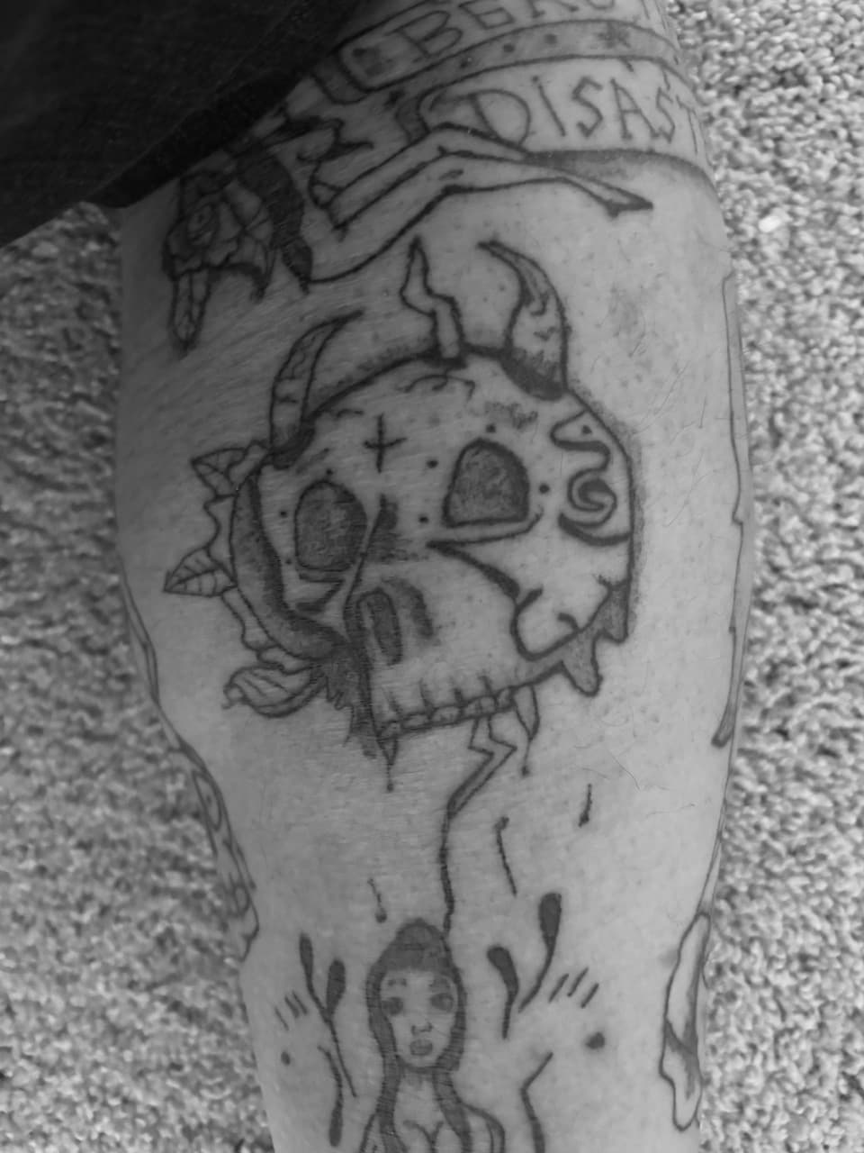 Black-work + Line-work skull tattoo on Calf by Cuban_Connection_Tattoo on TattMe