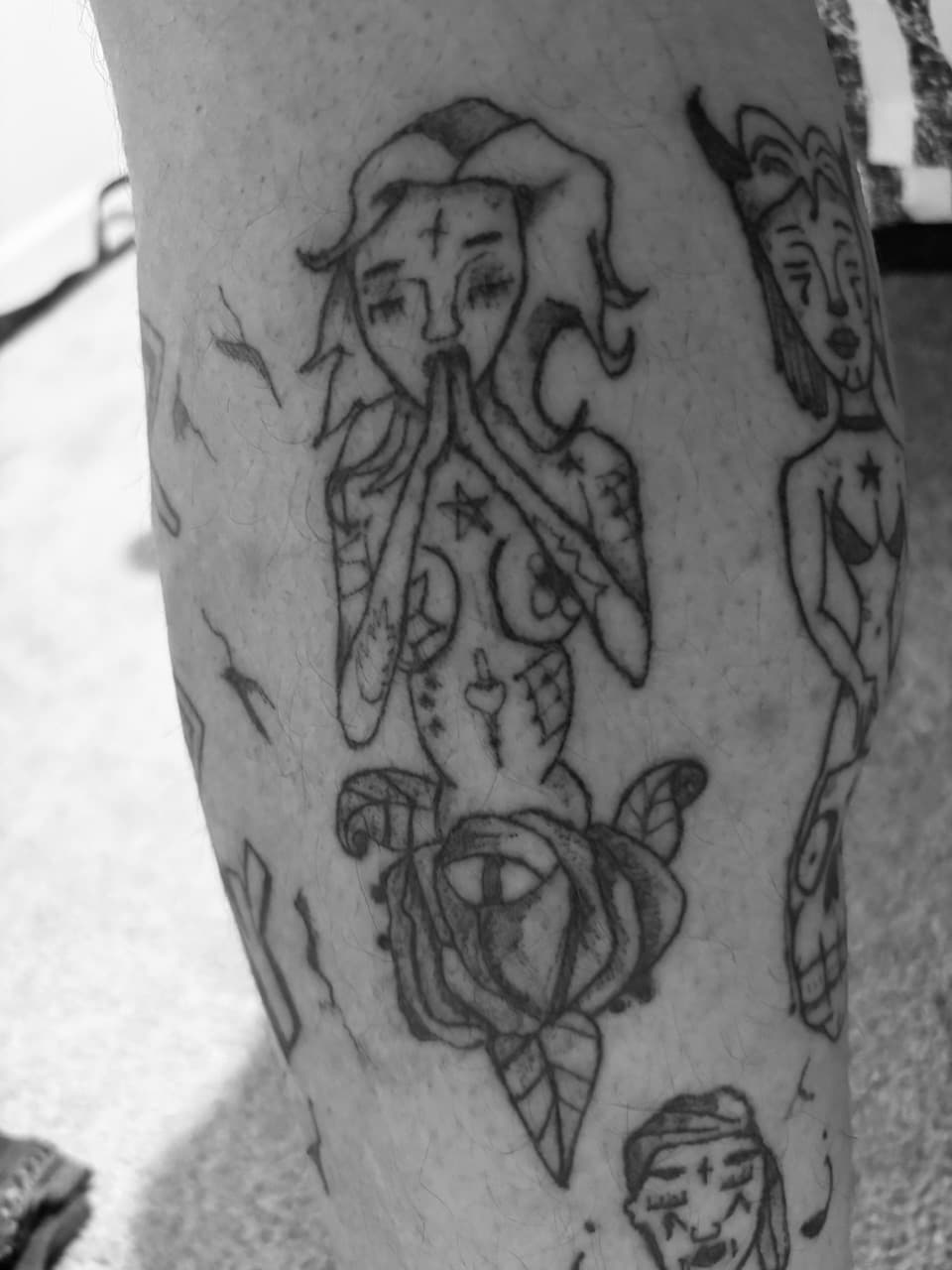 Black-work + Line-work woman tattoo on Calf by Cuban_Connection_Tattoo on TattMe