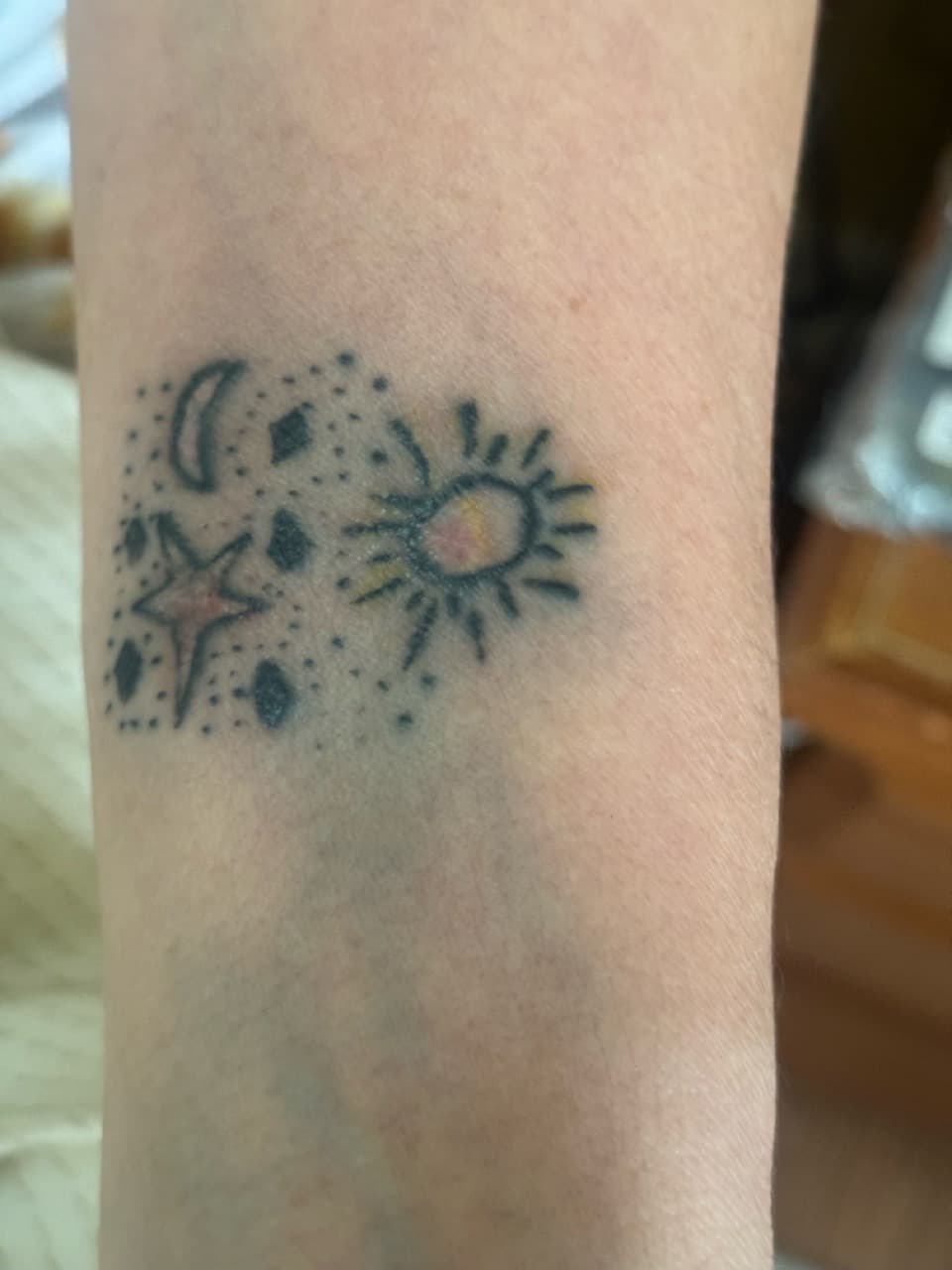 Stick & Poke + Minimalist sun tattoo on Forearm by Cuban_Connection_Tattoo on TattMe