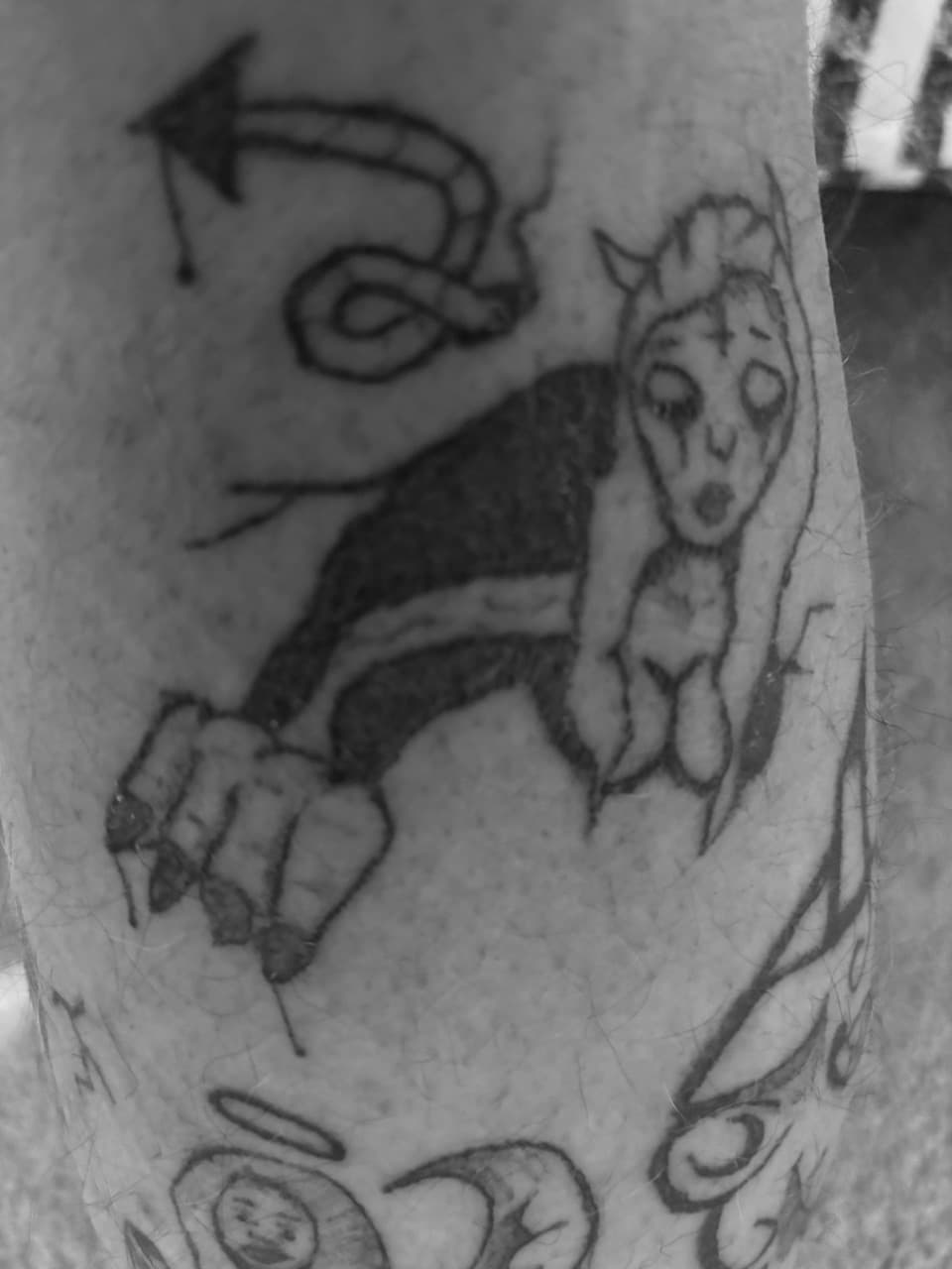 Black-work + Illustrative demon tattoo on Calf by Cuban_Connection_Tattoo on TattMe