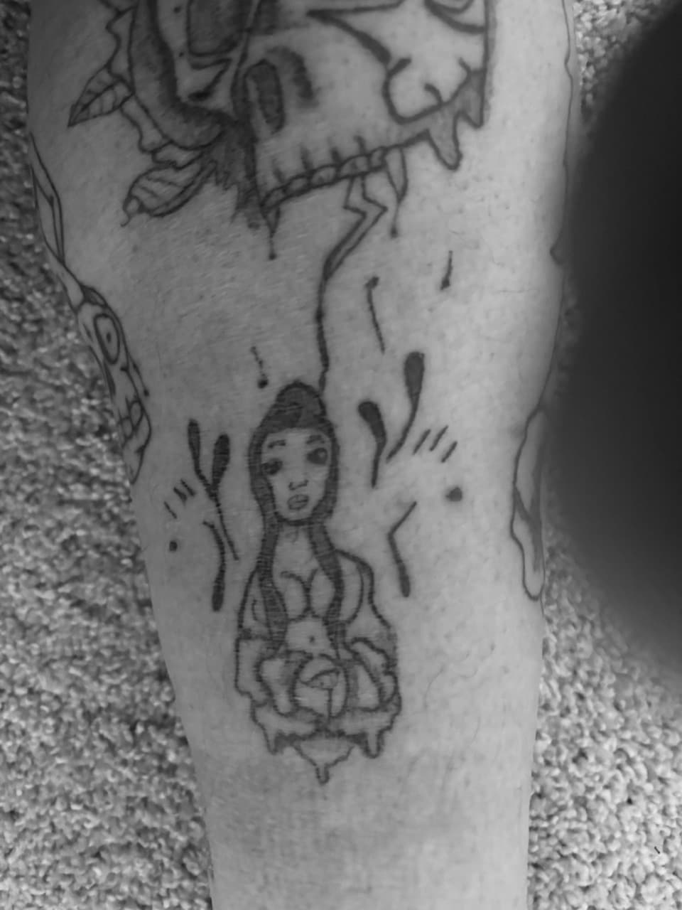 Stick & Poke + Line-work woman tattoo on Calf by Cuban_Connection_Tattoo on TattMe