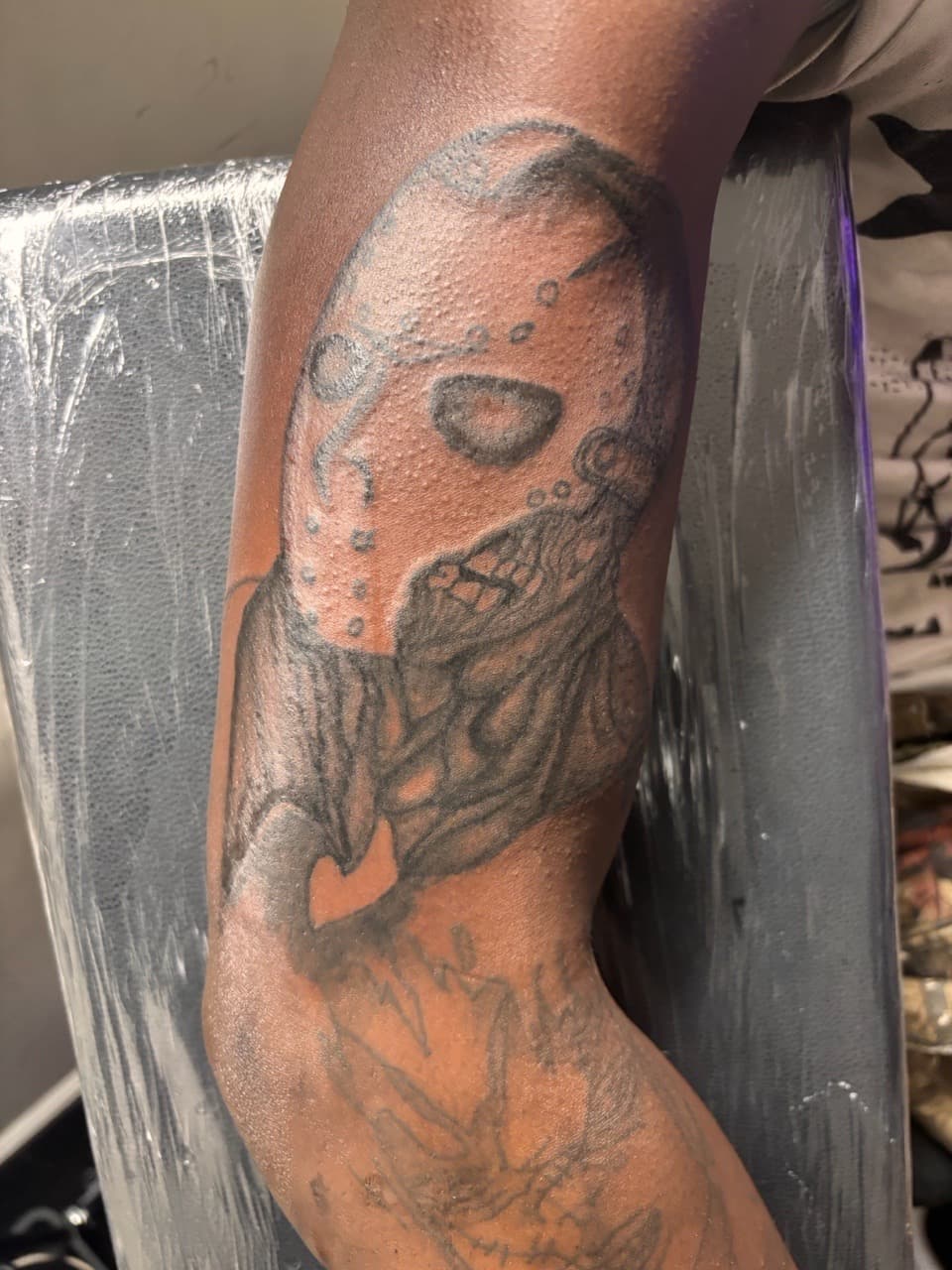 Black & Grey + Illustrative jason voorhees tattoo on Upper Arm by zatatem on TattMe