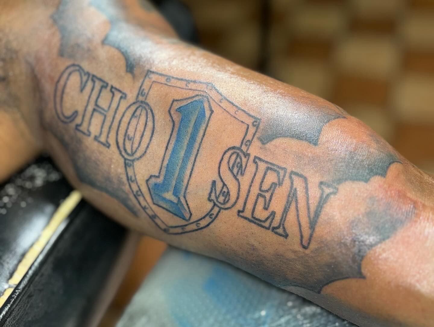 Lettering + Black-work number tattoo on Upper Arm by Mona_Lisa on TattMe
