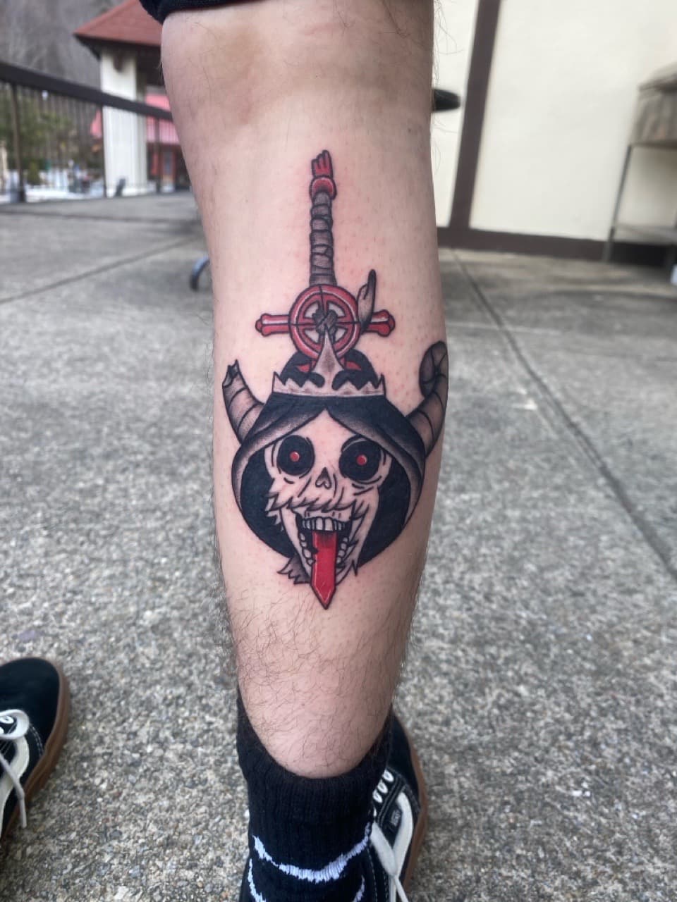 Traditional + American Traditional skull tattoo on Calf by Zoe_Bates on TattMe