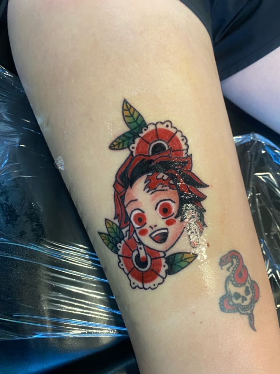 Anime + Traditional tanjiro tattoo on Thigh by Zoe_Bates on TattMe