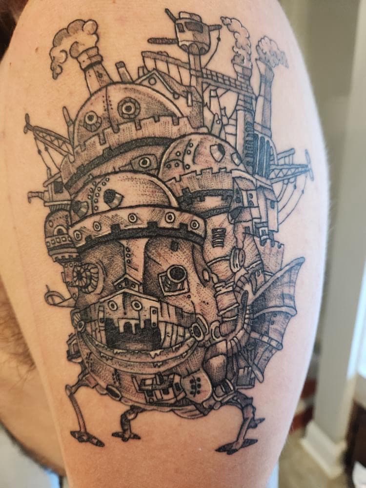 Black & Grey + Illustrative castle tattoo on Upper Arm by Zoe_Bates on TattMe