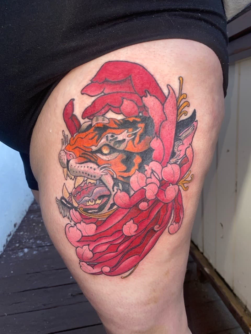 Neo-Traditional + Japanese tiger tattoo on Thigh by Zoe_Bates on TattMe