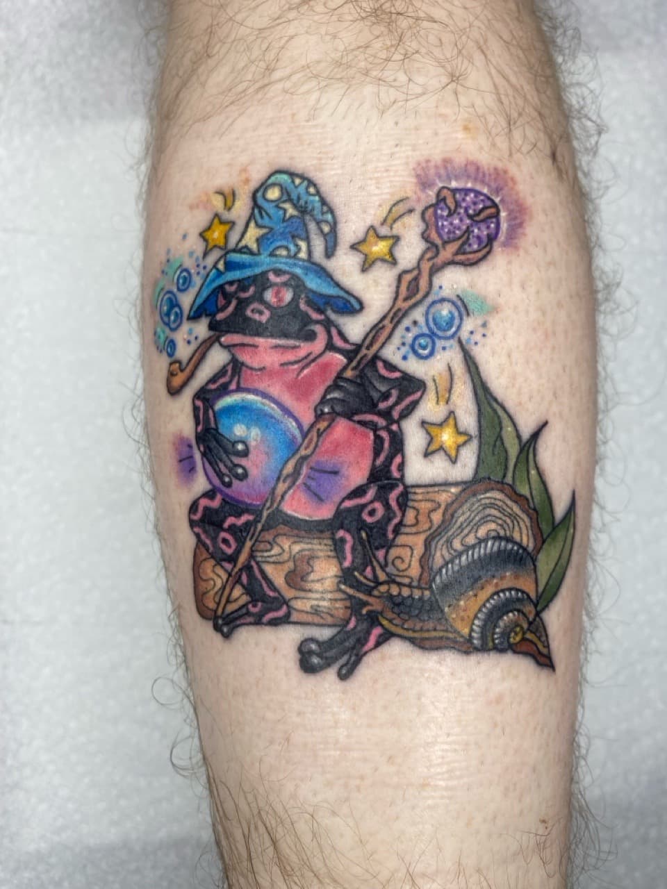 Color + New School frog tattoo on Calf by Zoe_Bates on TattMe