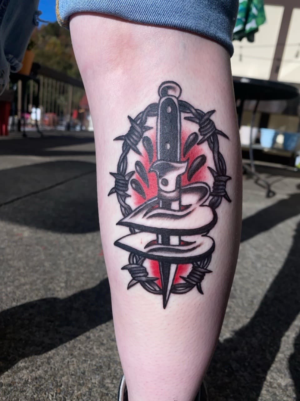 Traditional + Color dagger tattoo on Calf by Zoe_Bates on TattMe