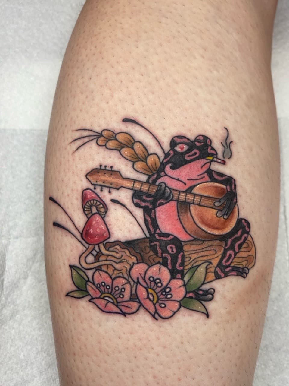 Traditional + Color frog tattoo on Calf by Zoe_Bates on TattMe