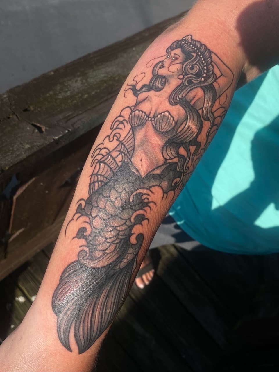 Black & Grey + Illustrative mermaid tattoo on Forearm by Zoe_Bates on TattMe