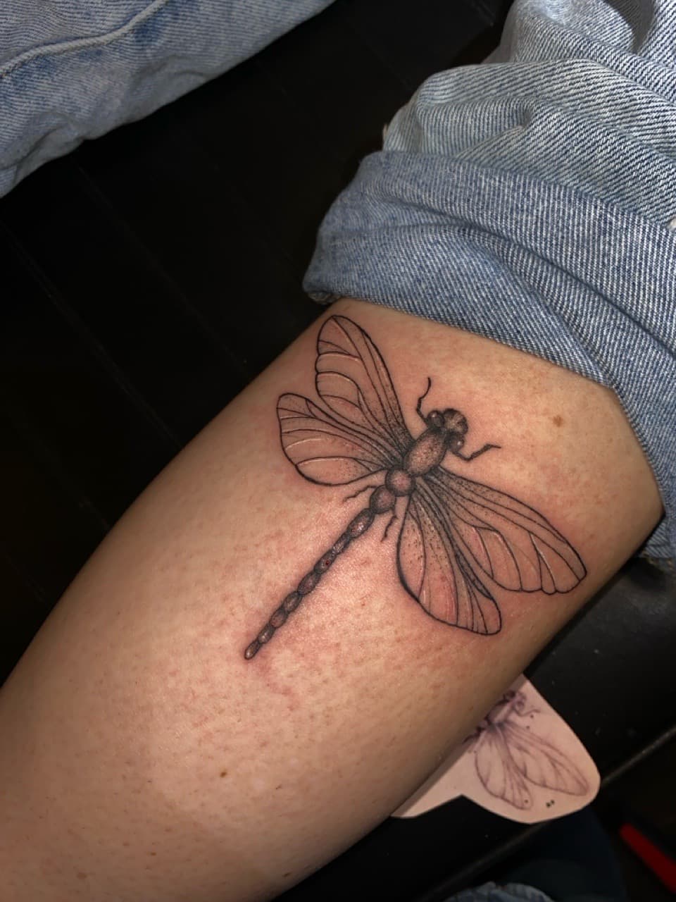 Fine Line + Line-work dragonfly tattoo on Thigh by Zoe_Bates on TattMe