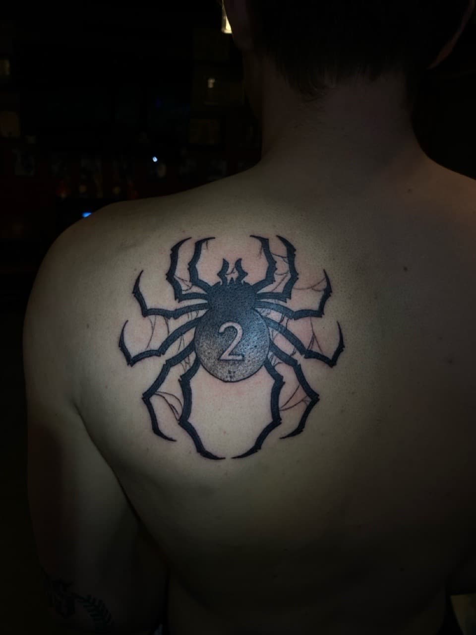 Black-work + Illustrative spider tattoo on Upper Back by Zoe_Bates on TattMe
