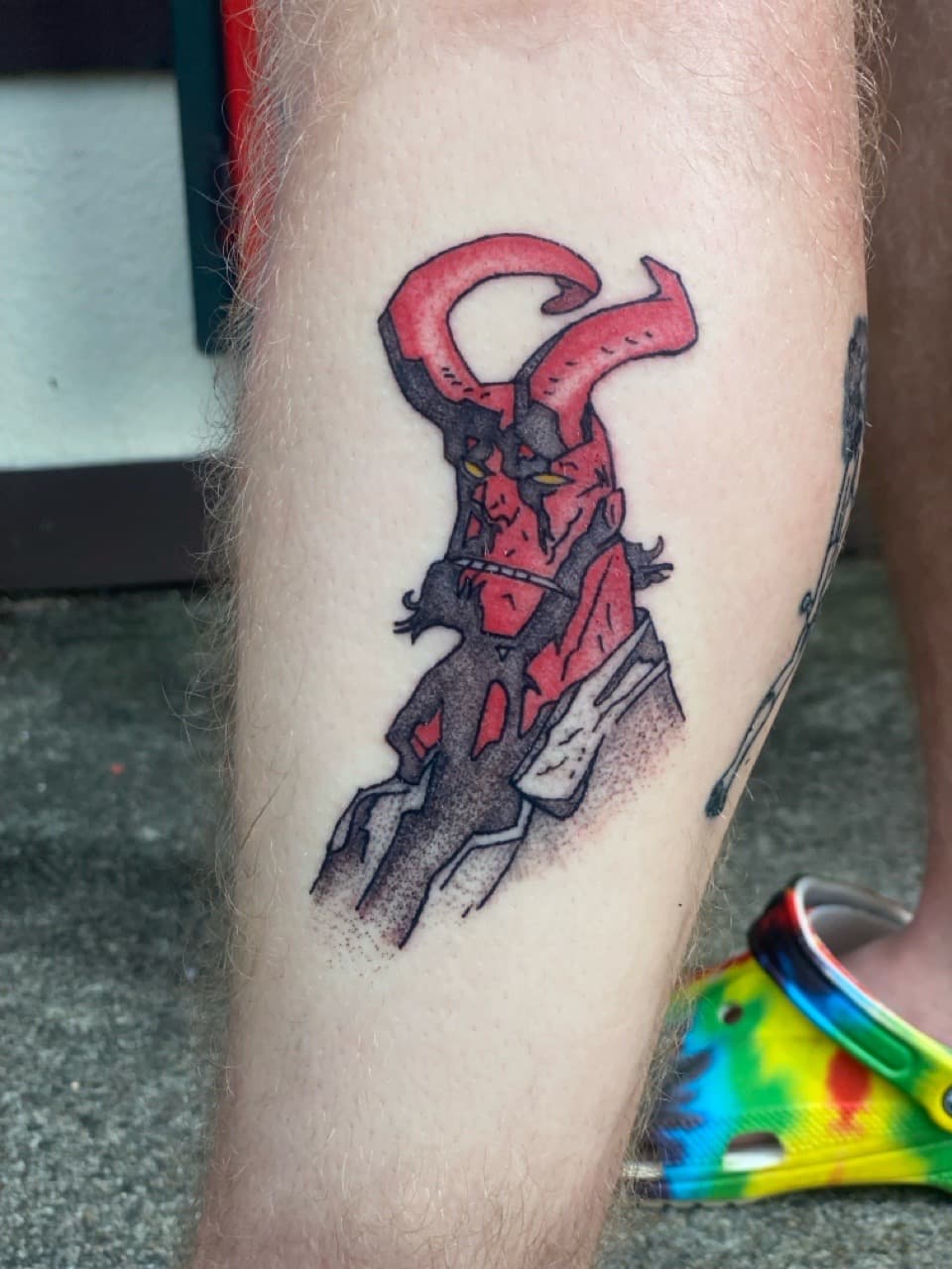 New School + Cartoon hellboy tattoo on Calf by Zoe_Bates on TattMe