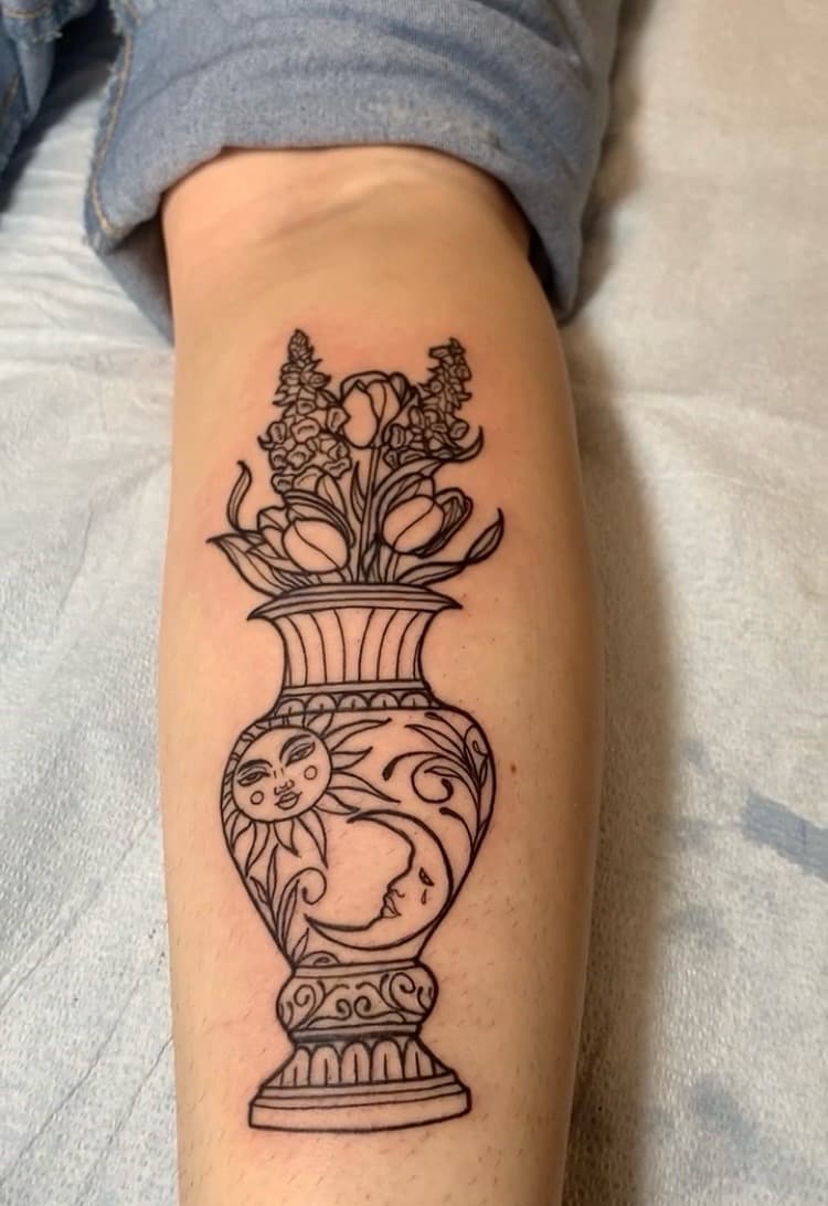 Fine Line + Black-work flowers tattoo on Calf by Modest_Ink_Ellz on TattMe
