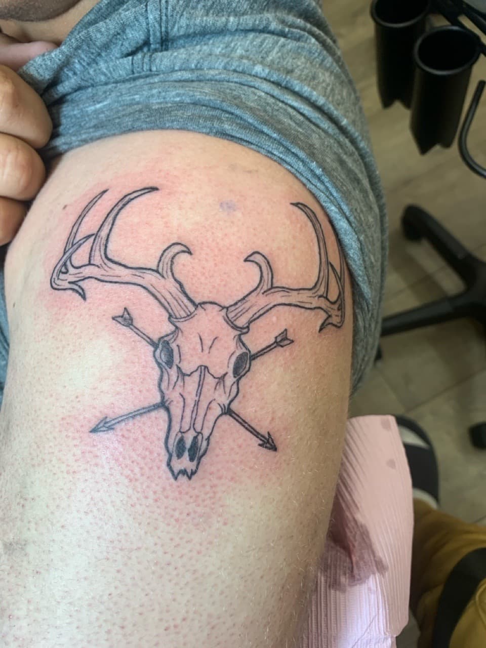 Black-work + Line-work deer skull tattoo on Upper Arm by Modest_Ink_Ellz on TattMe