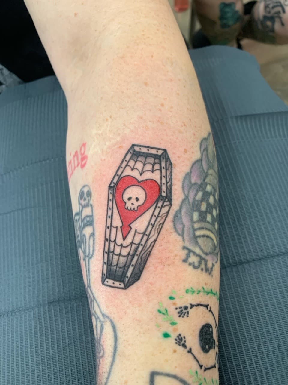 American Traditional + Color coffin tattoo on Forearm by Modest_Ink_Ellz on TattMe