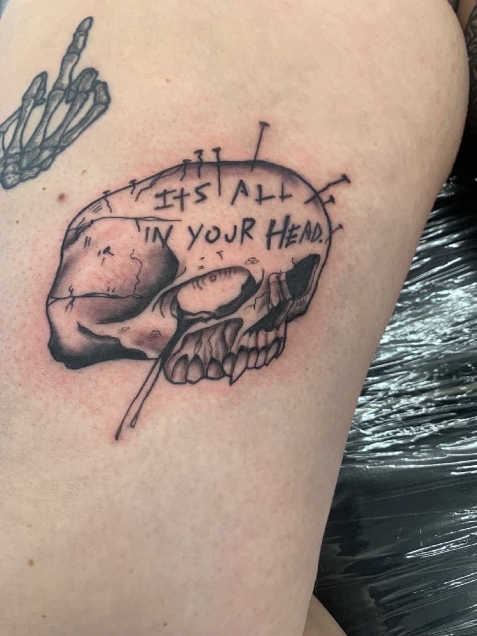 Black & Grey + Illustrative skull tattoo on Thigh by Modest_Ink_Ellz on TattMe