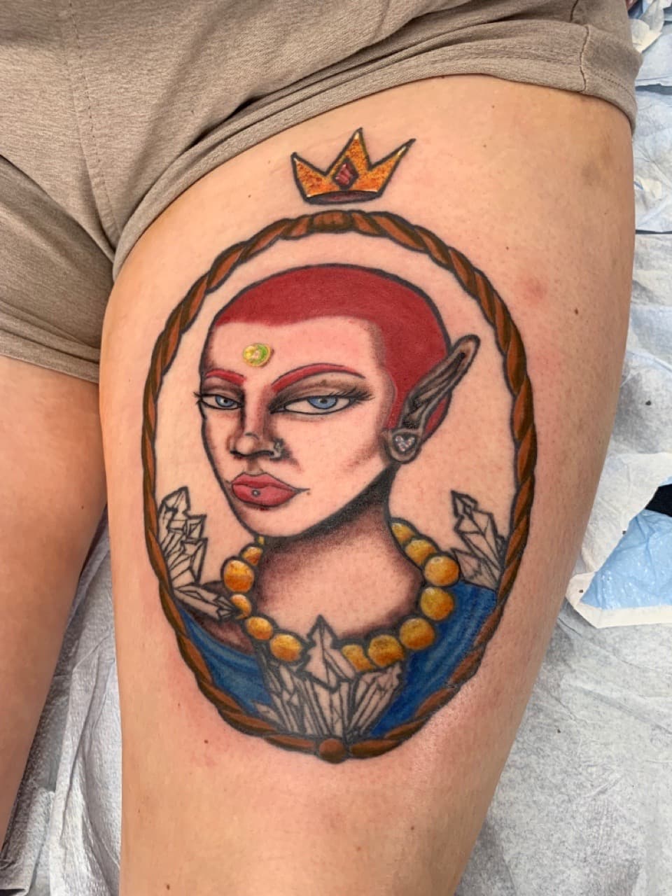 Neo-Traditional + Color woman tattoo on Thigh by Modest_Ink_Ellz on TattMe