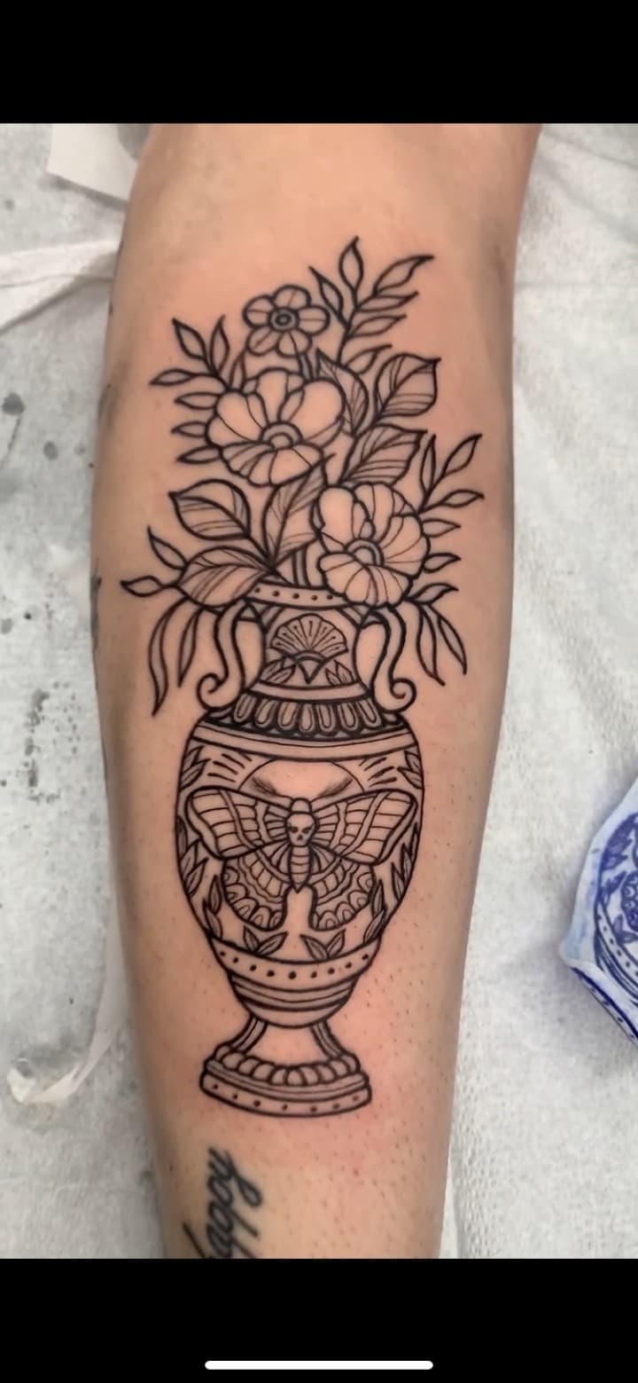 Line-work + Illustrative flowers tattoo on Calf by Modest_Ink_Ellz on TattMe
