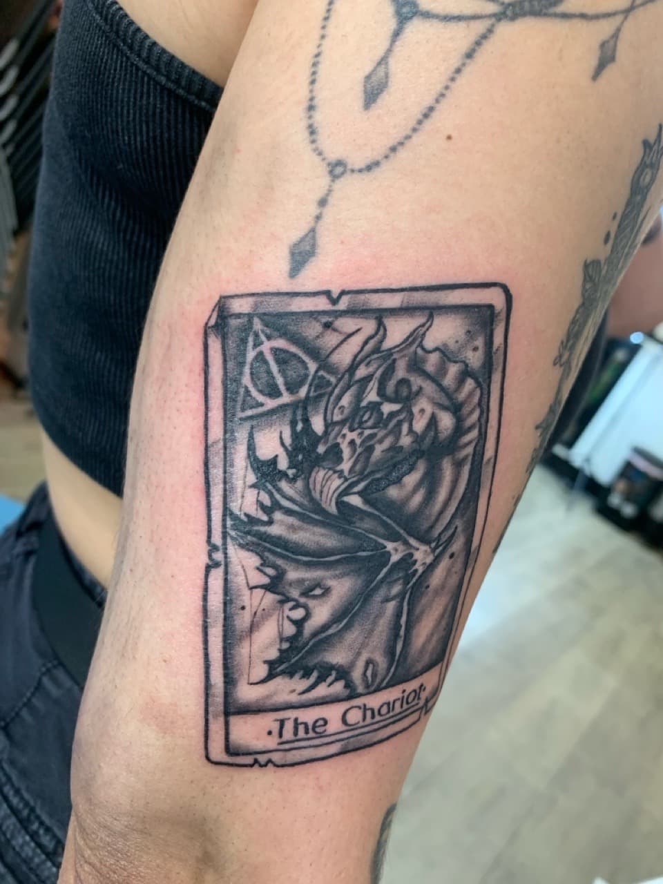 Black & Grey + Gothic tarot card tattoo on Forearm by Modest_Ink_Ellz on TattMe