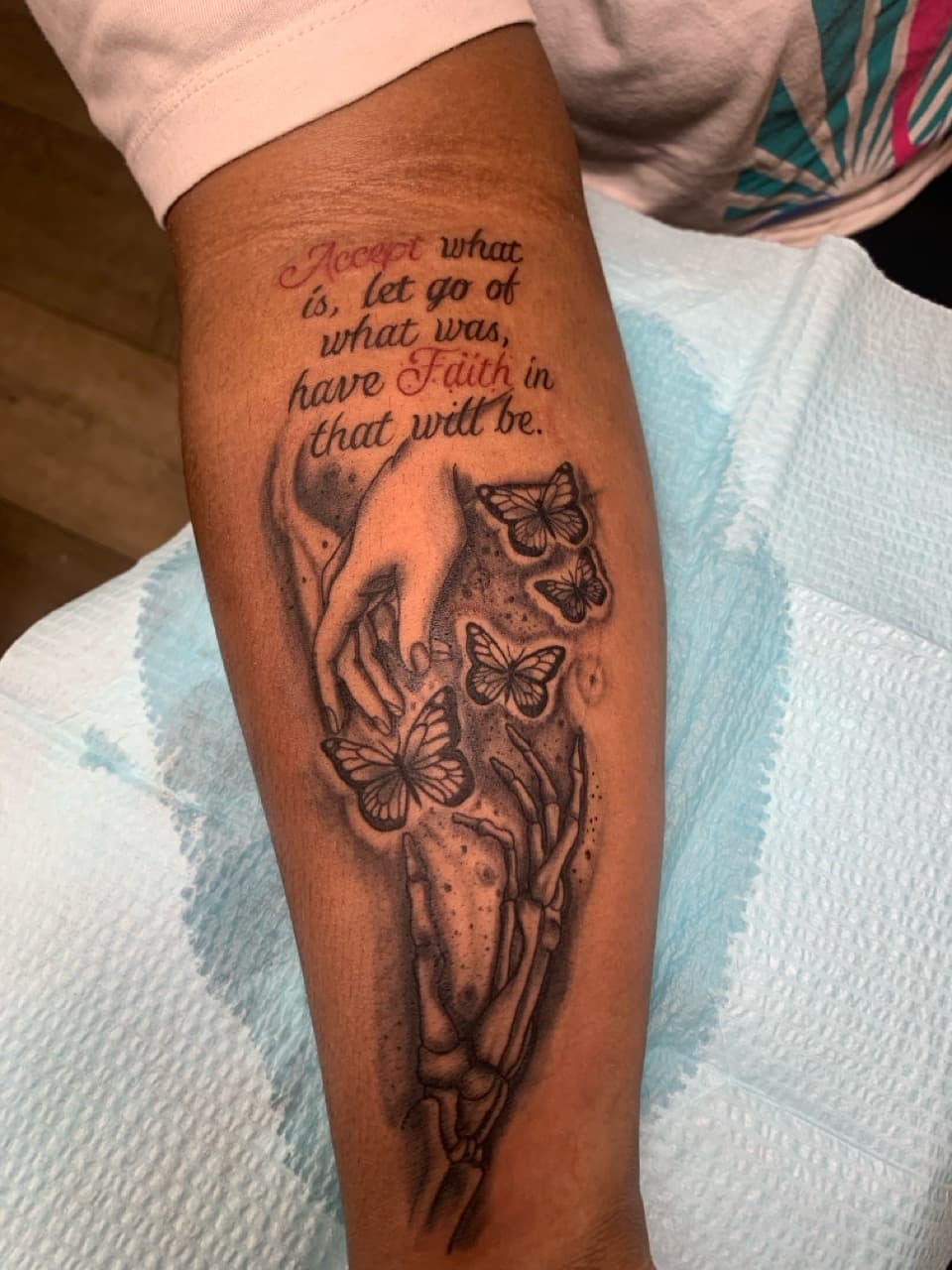 Black & Grey + Lettering hands tattoo on Forearm by Modest_Ink_Ellz on TattMe