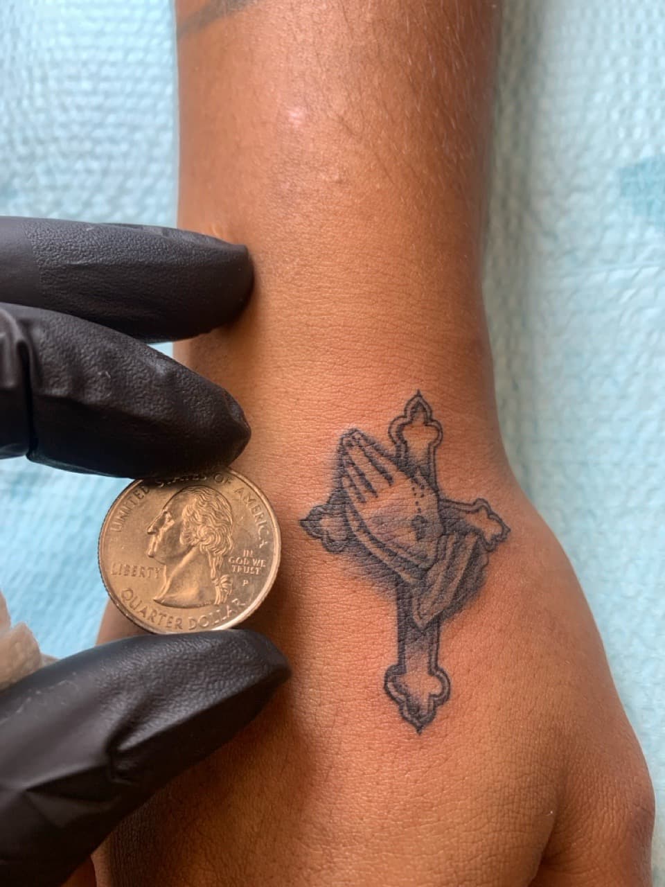 Black-work + Fine Line cross tattoo on Hand by Modest_Ink_Ellz on TattMe