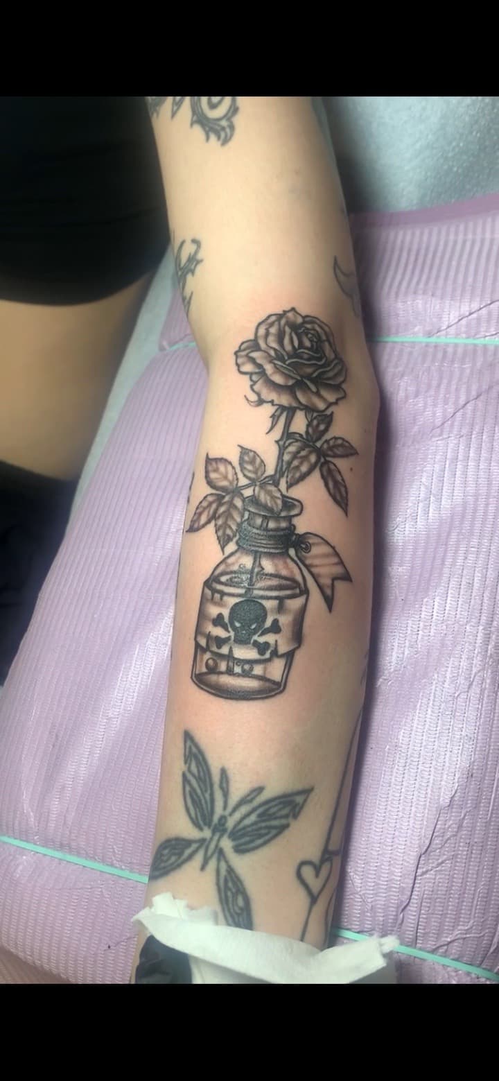 Black & Grey + Illustrative rose tattoo on Forearm by Modest_Ink_Ellz on TattMe