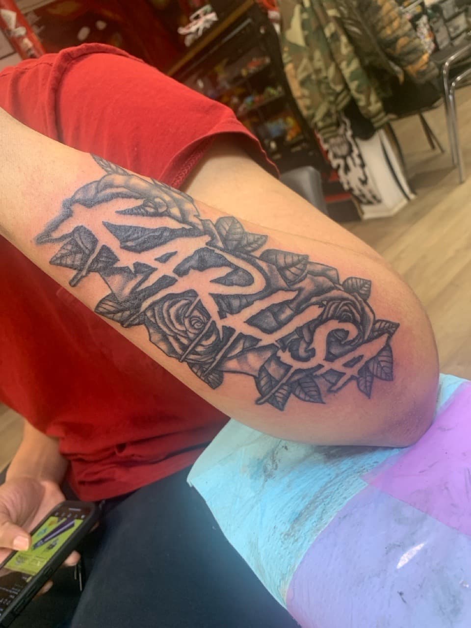 Black & Grey + Floral roses tattoo on Upper Arm by Modest_Ink_Ellz on TattMe